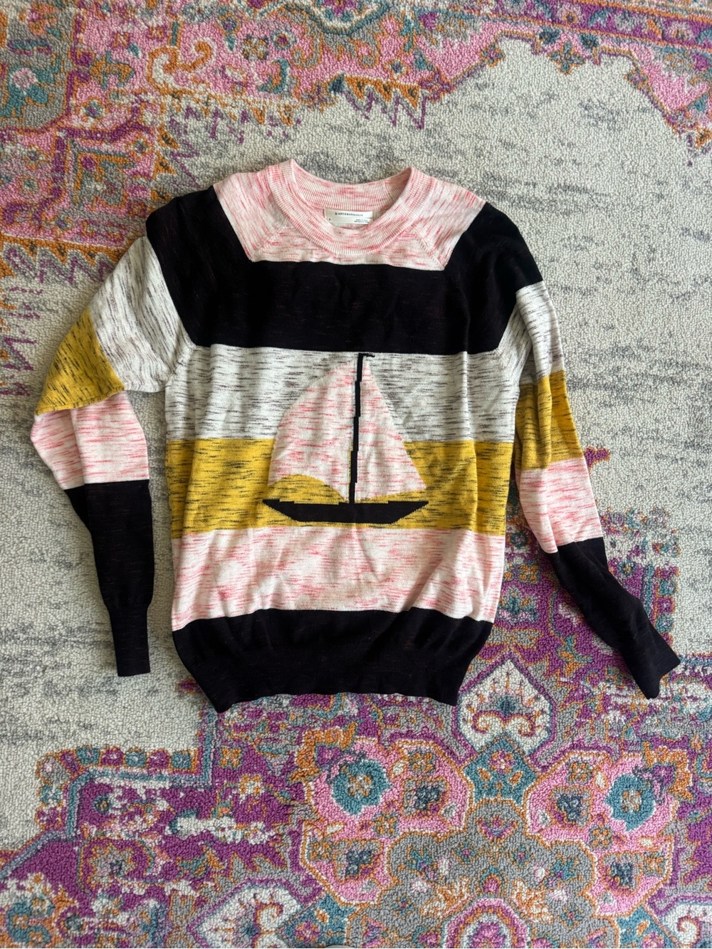 Anthropologie Striped Sailboat Crewneck Sweater - Pink, Black, Mustard, Cream